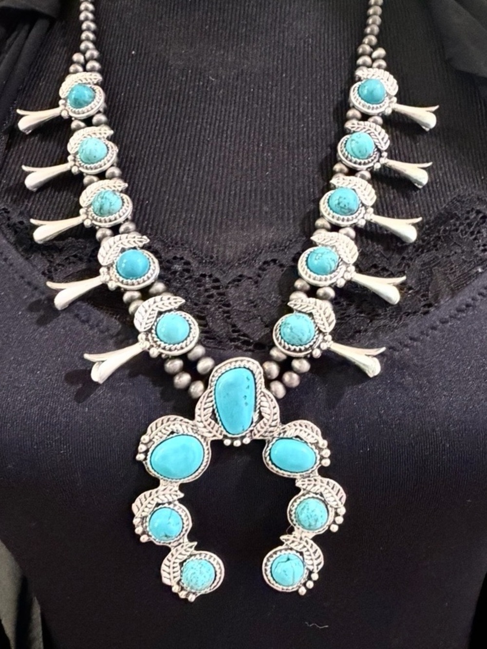 Squash Blossom Navajo-Style Turquoise & Silver-Tone Necklace Large non magnetic